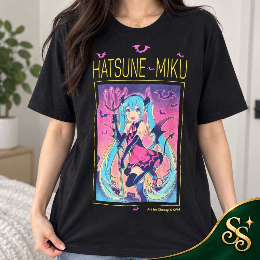 Hatsune Miku Halloween Devil Anime Graphic T-Shirt Black Size L Vocaloid
